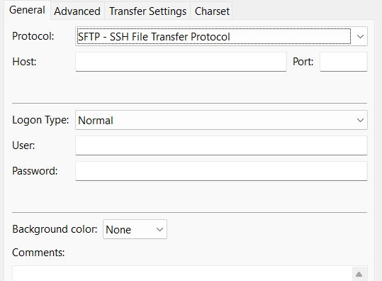 FileZilla showing New Site Creation Interface