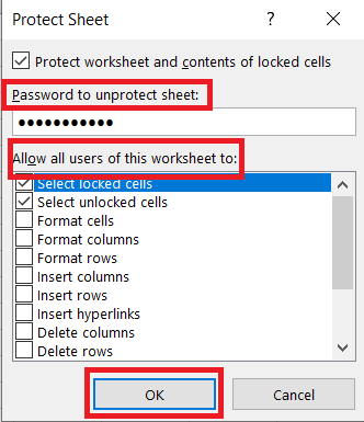 A popup of Protect Sheet will appear.