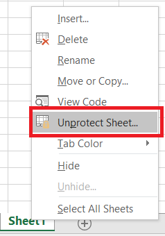 Right-Click on the sheet tab and Click on Unprotect Sheet.