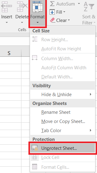 Click on the Home Tab and select the "Unprotect Sheet" option in the Format Section.