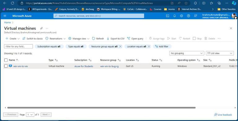 Azure Portal Virtual Machine Dashboard