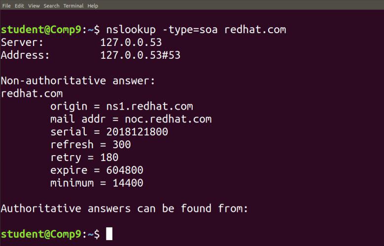 nslookup -type=soa redhat.com