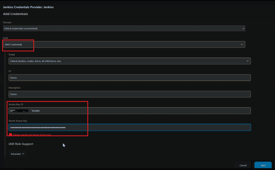 Provide your AWS Access key and Secret key 