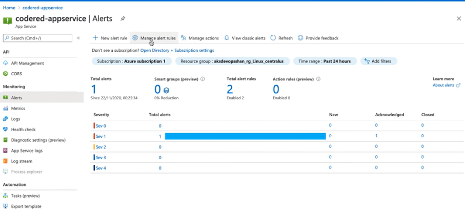 alert create on the azure portal