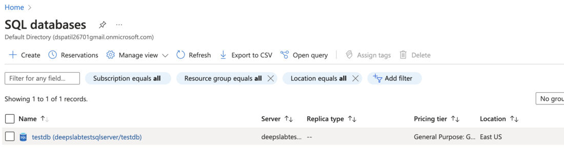 SQL database deployed