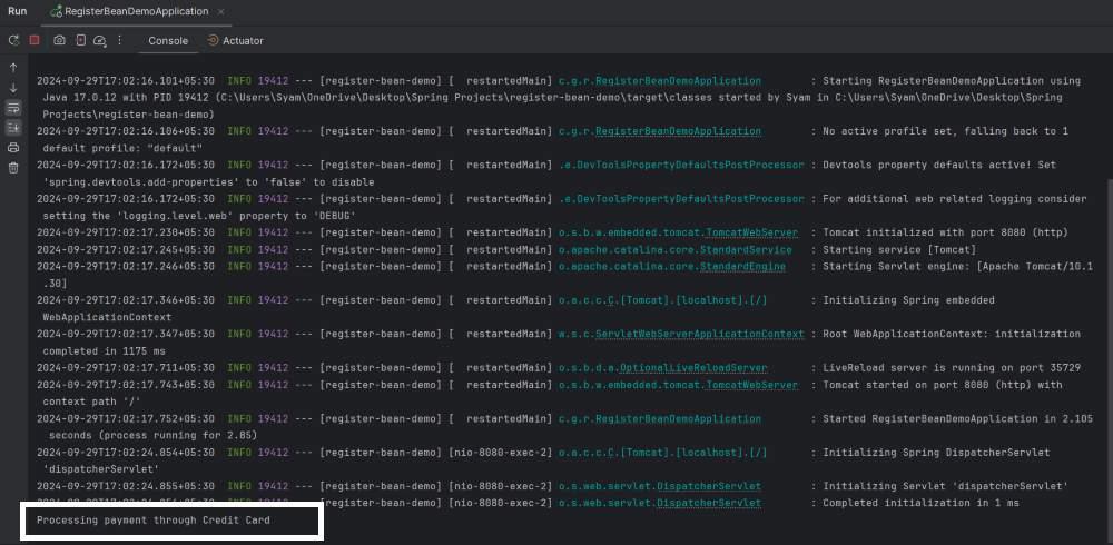 Output for Credit Card (when payment.method=creditcard)