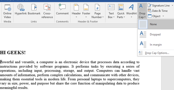 Add a Drop Cap in MS Word - GeeksforGeeks