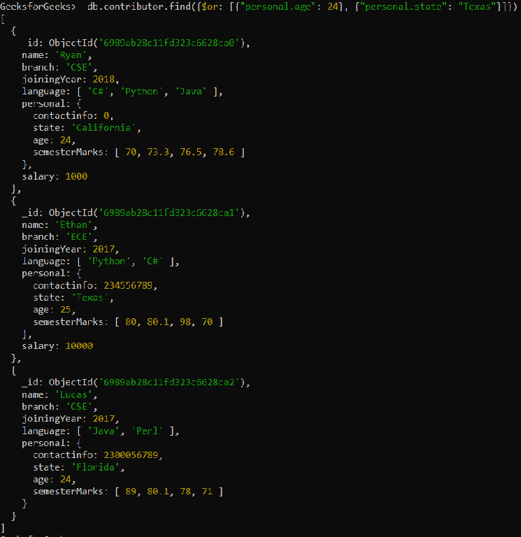 MongoDB OR operator ( $or ) - GeeksforGeeks
