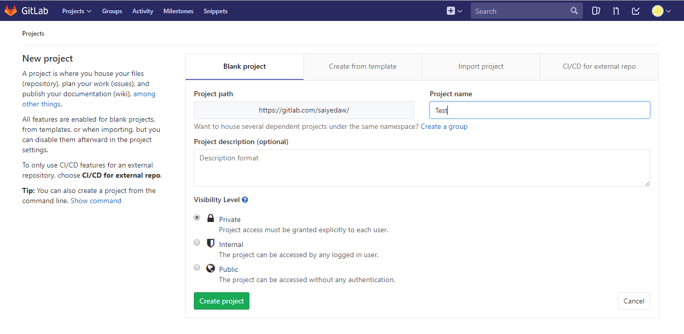 Gitlab создать проект