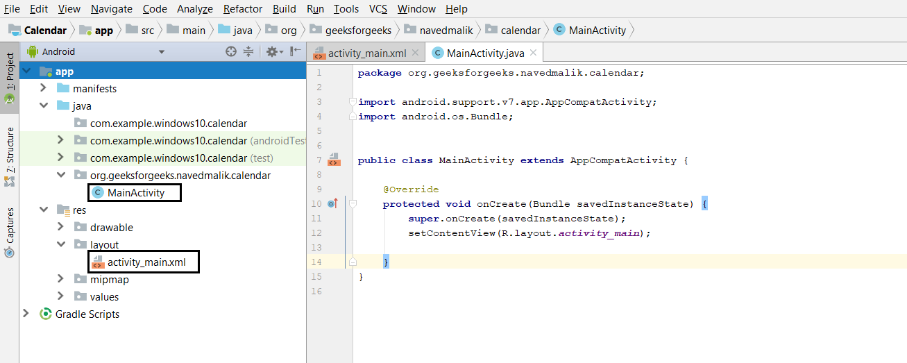 Calendar java android studio