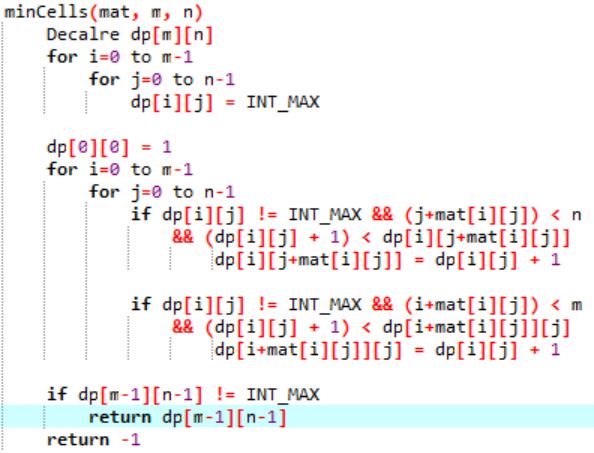 Minimum Cells Required To Reach Destination With Jumps Equal To Cell Values Geeksforgeeks